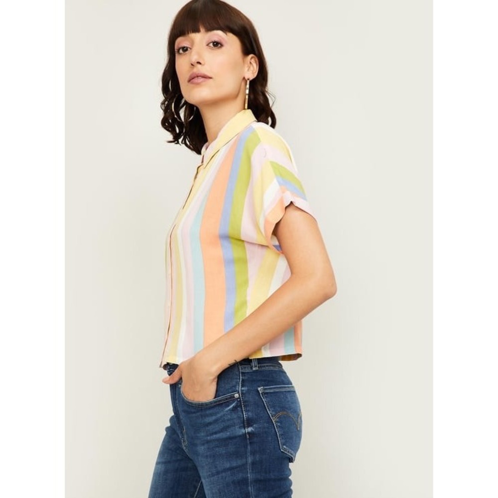 Ginger Womens Pastel Rainbow Striped Button Down Short Sleeve Cropped Shirt S - Picture 7 of 7
